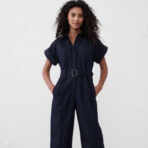 Banana Republic Linen-Blend Belted Jumpsuit Navy Blue Size 8